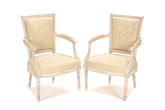 Bonhams : A pair of French mid 19th century grey painted fauteuils