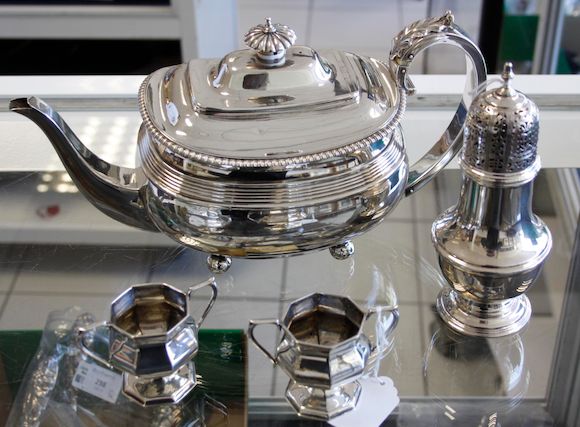 Bonhams : A George III shaped rectangular teapot,on ball feet, 1817, a ...