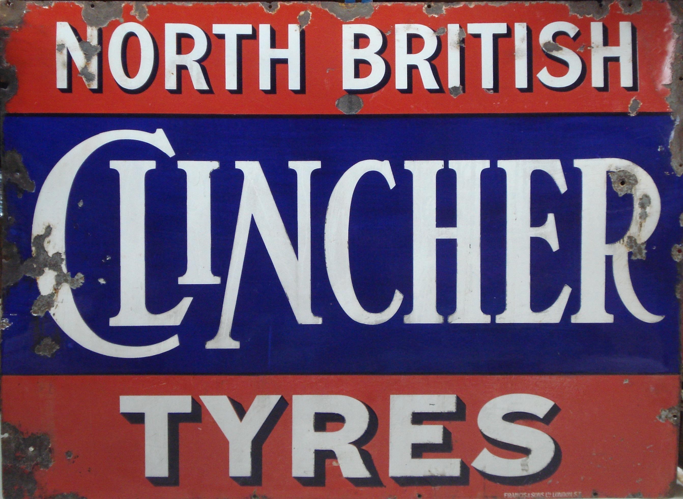 Bonhams Cars : A 'North British Clincher Tyres' enamel sign,