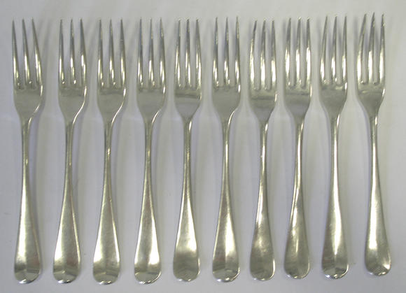 Bonhams : Six silver Old English pattern three pronged dessert forks ...