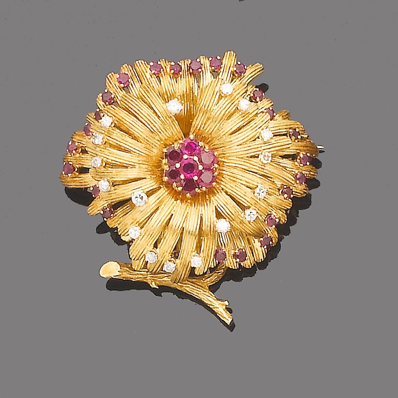 A ruby and diamond flower brooch,