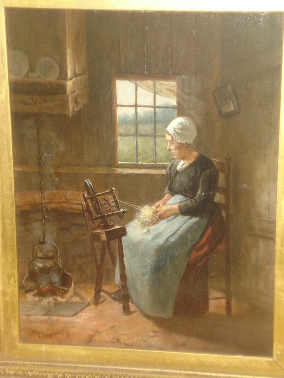 Bonhams Josef de Groot (18401899) Interior with maid at a spinning wheel