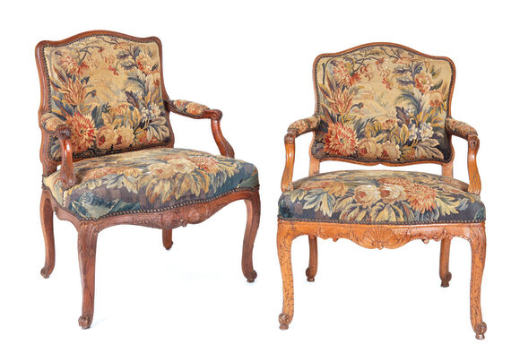 Bonhams : A near pair of French Louis XV walnut fauteuils à la Reine