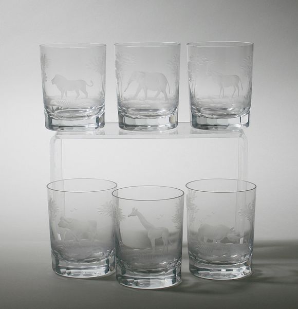 Bonhams A set of six etched tumblers by Rowland Ward, Nairobi, Kenya