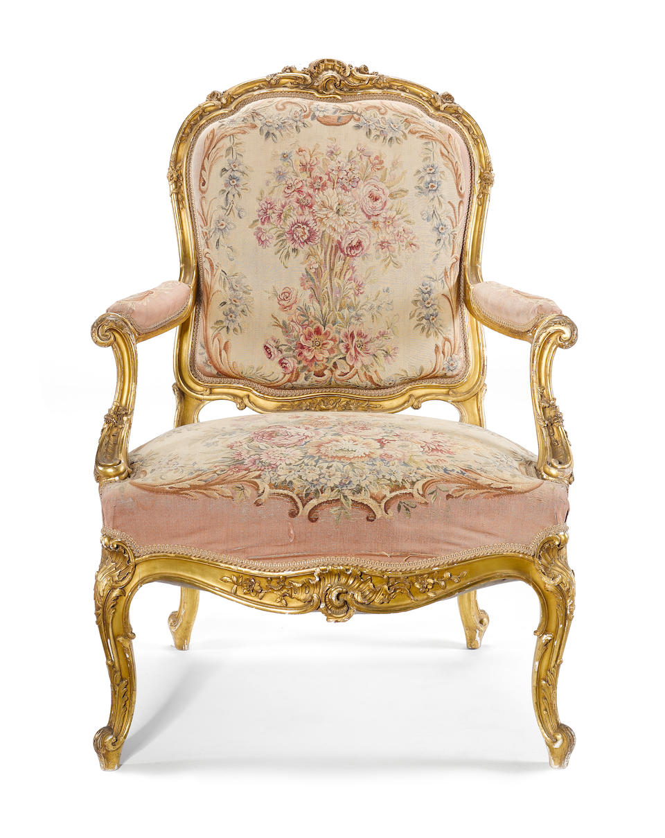 Louis XV giltwood fauteuil with original Beauvais tapestry,French