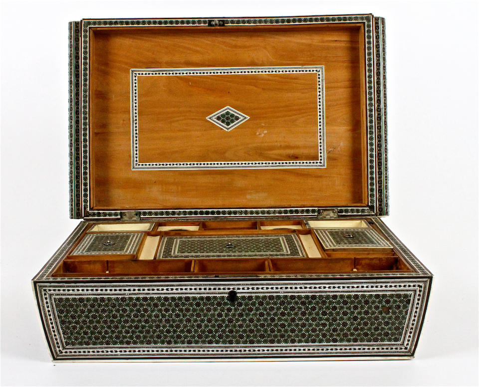 Bonhams : An Anglo-Indian Sadeli work and ivory inlaid sewing box, mid ...