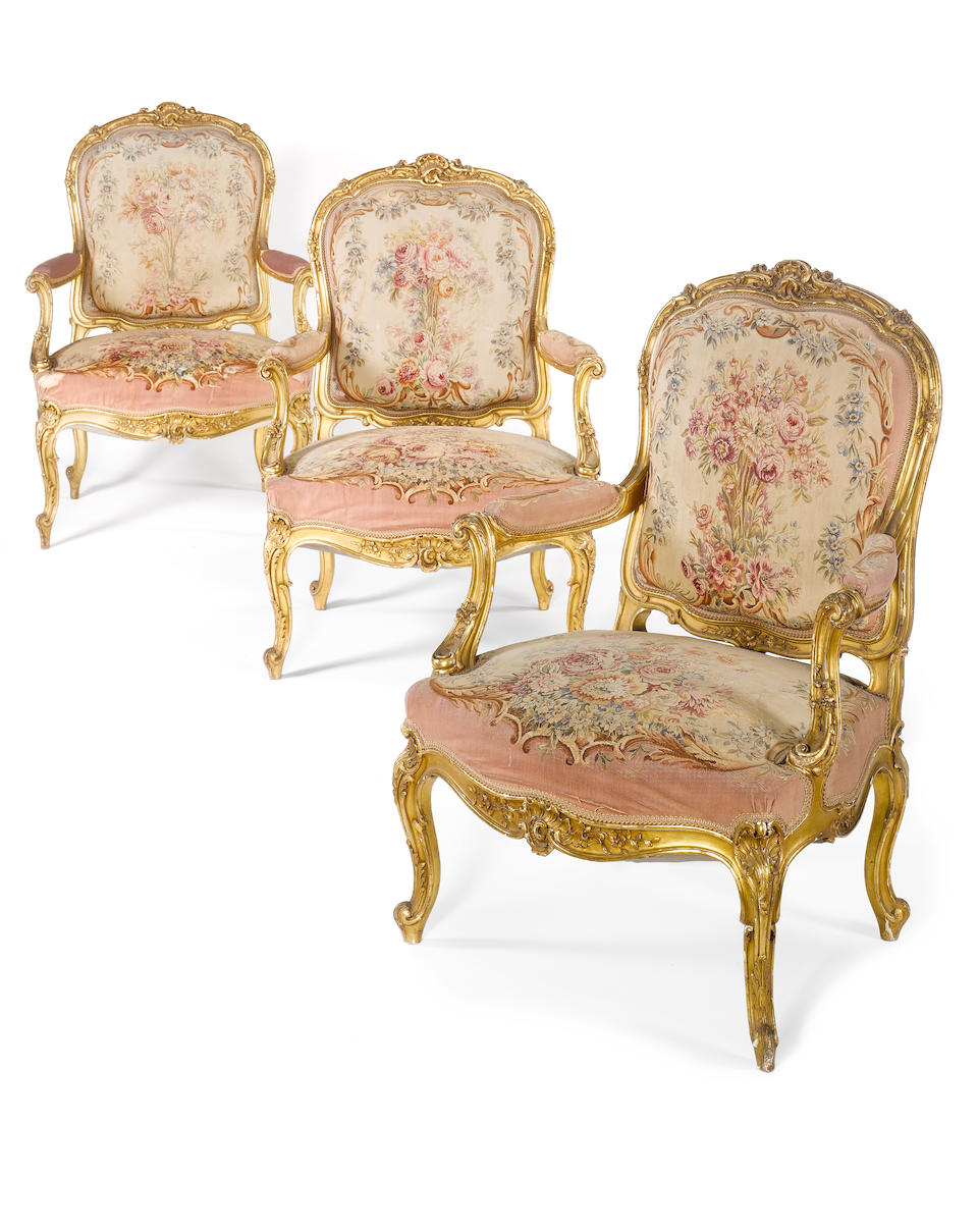 Louis XV giltwood fauteuil with original Beauvais tapestry,French