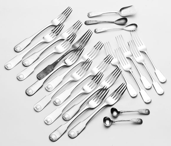 Bonhams : Eight George III fiddle and shell pattern table forks By John ...