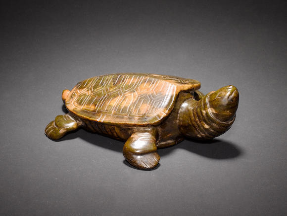 Bonhams : A mottled jade figure of a turtle; with a wood stand; and box