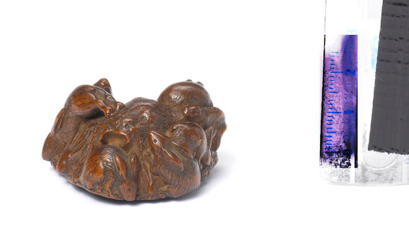 Bonhams : A wood netsuke of seven rabbits By Tametaka, Nagoya, late ...