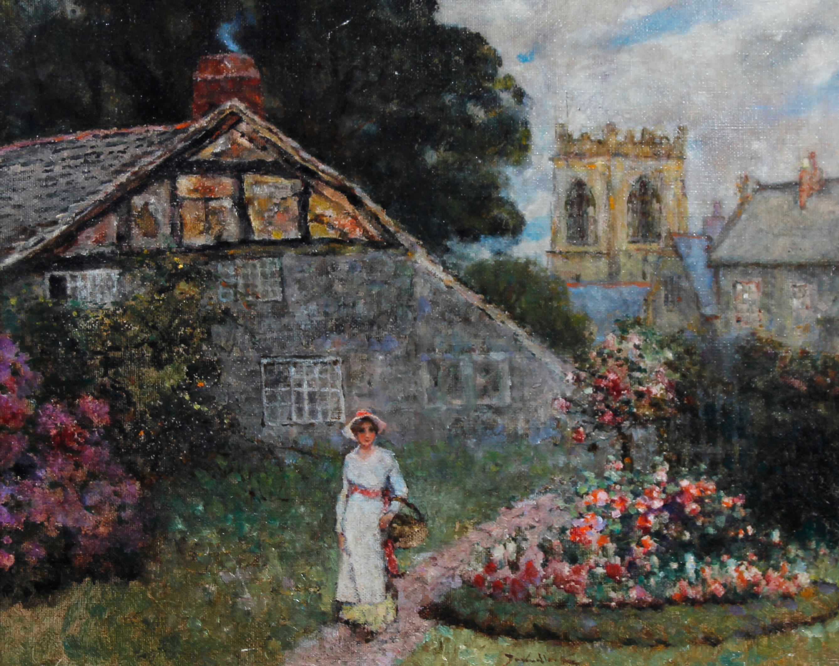 Bonhams : David Woodlock (British, 1842-1929) Lady in a cottage garden