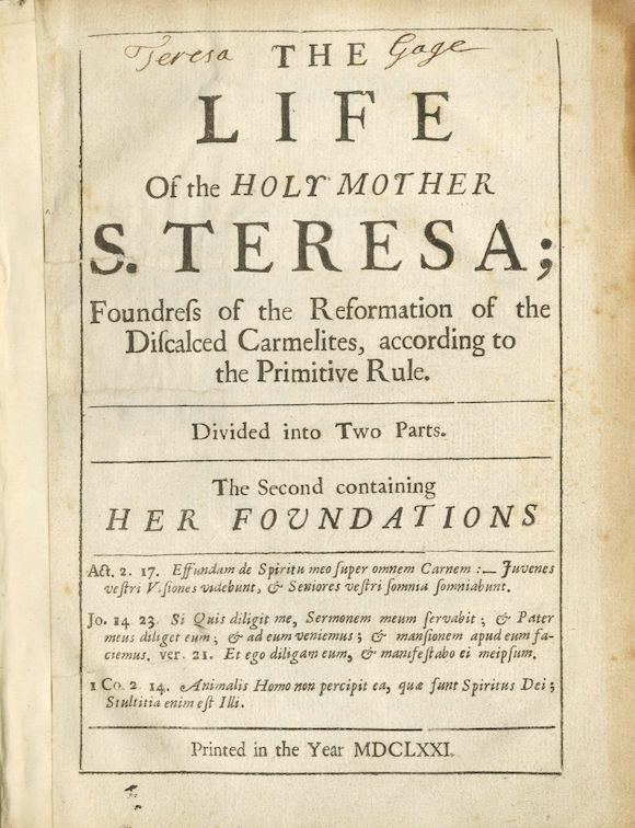 Bonhams : TERESA, Saint, of Avila The Life of the Holy Mother S. Teresa ...