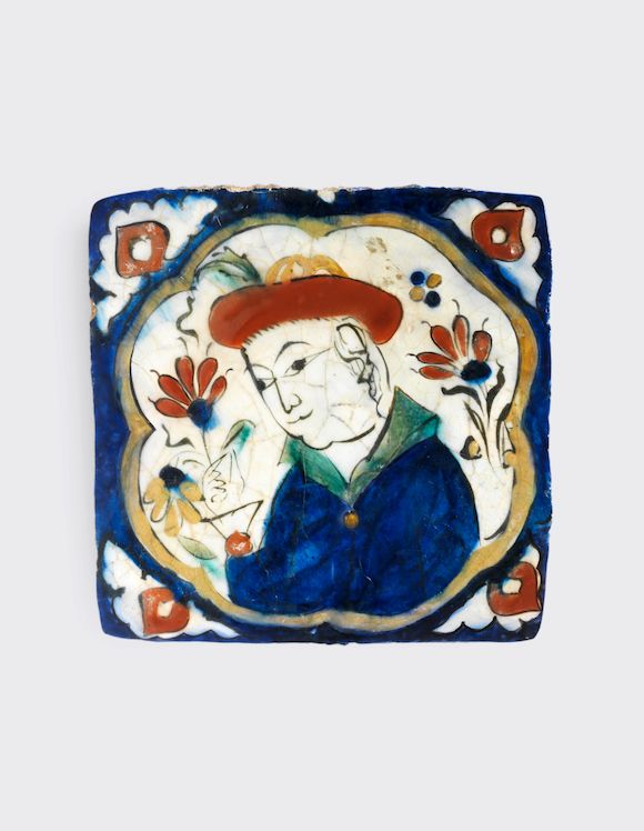 Bonhams A rare Kubachi figural underglazepainted pottery Tile Persia