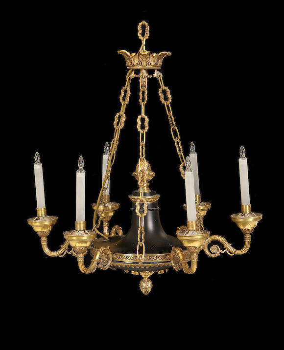 Bonhams : A pair of gilt brass and patinated metal six light ...