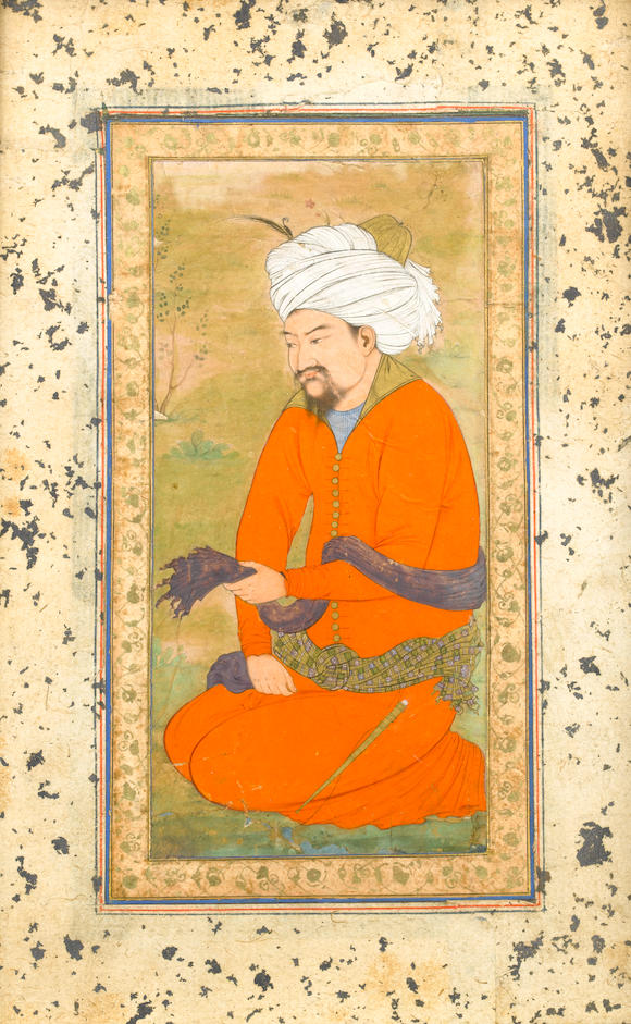 Bonhams A Courtier Wearing A Crimson Jama And A White Turban Kneeling In A Landscape Mughal