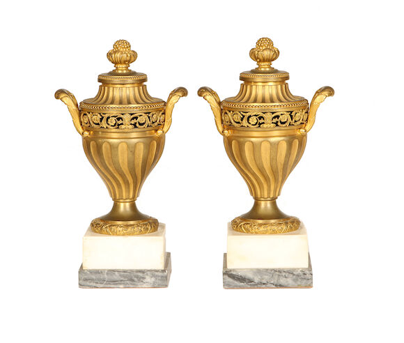Bonhams : A pair of 19th century French gilt bronze and marble urns
