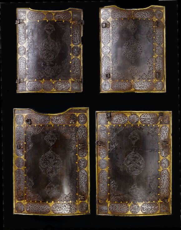 Bonhams : A group of four gold-damascened steel armour Plates Persia ...