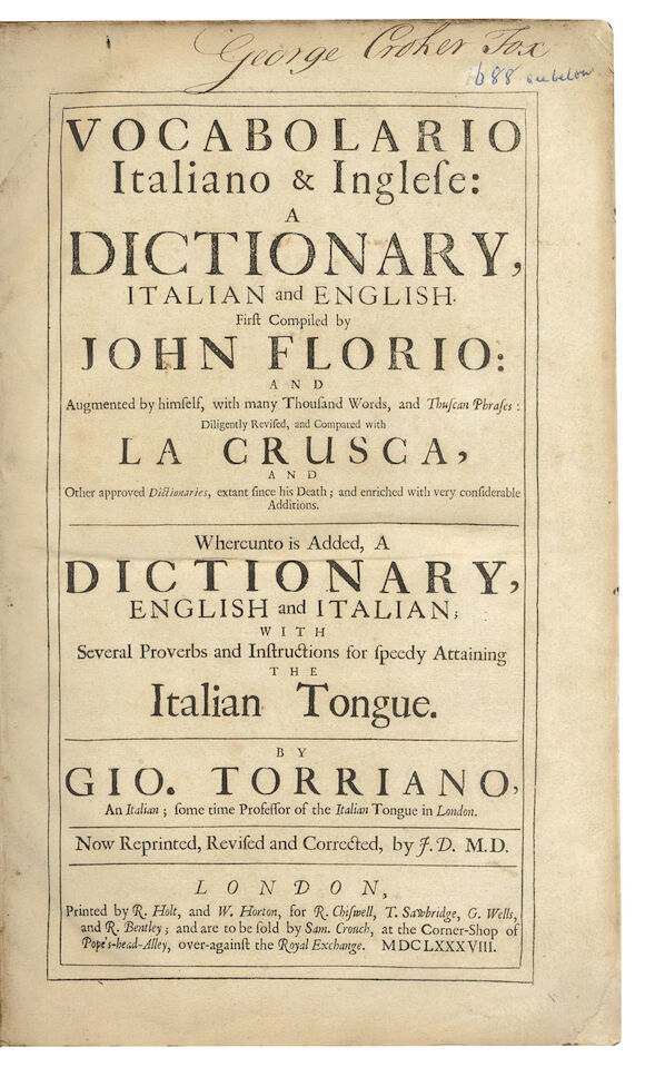 Word Florio Bonhams : DICTIONARY, ITALIAN and ENGLISH FLORIO (JOHN) Vocabolario ...