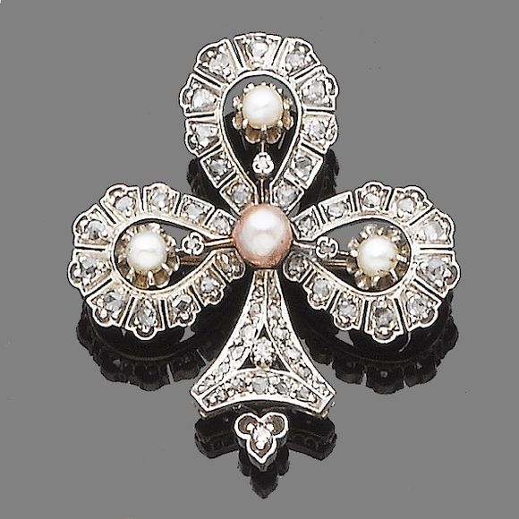 Bonhams A pearl and diamond trefoil brooch