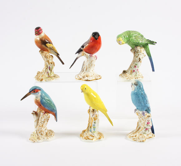 Bonhams : A set of six Royal Worcester models of birds on tree stumps ...