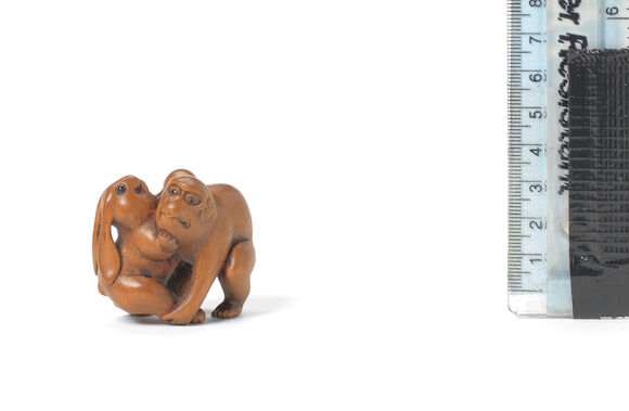 Bonhams : A boxwood netsuke of a rabbit and monkey 19th century
