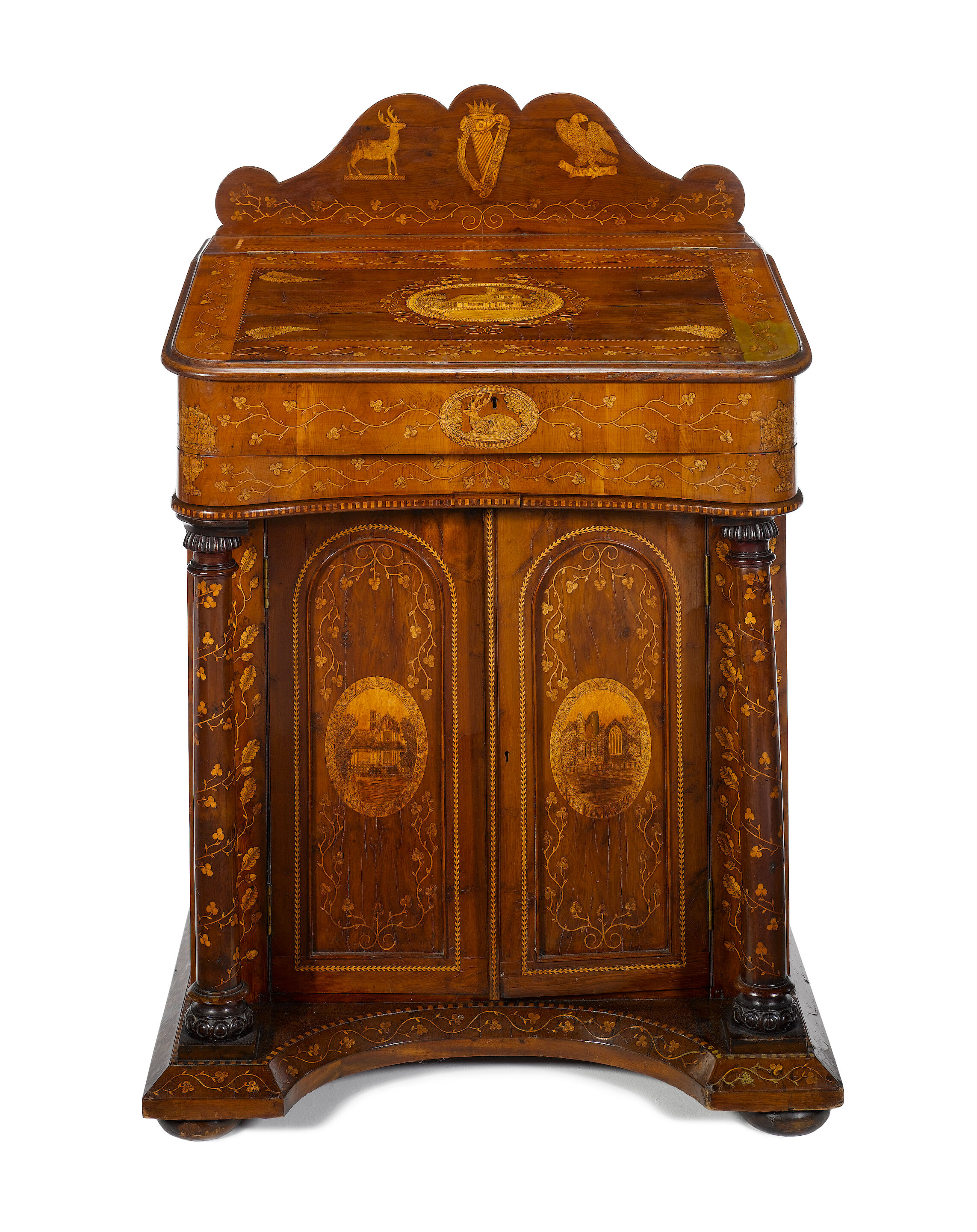 A large Victorian Irish arbutus wood Killarney marquetry davenpo