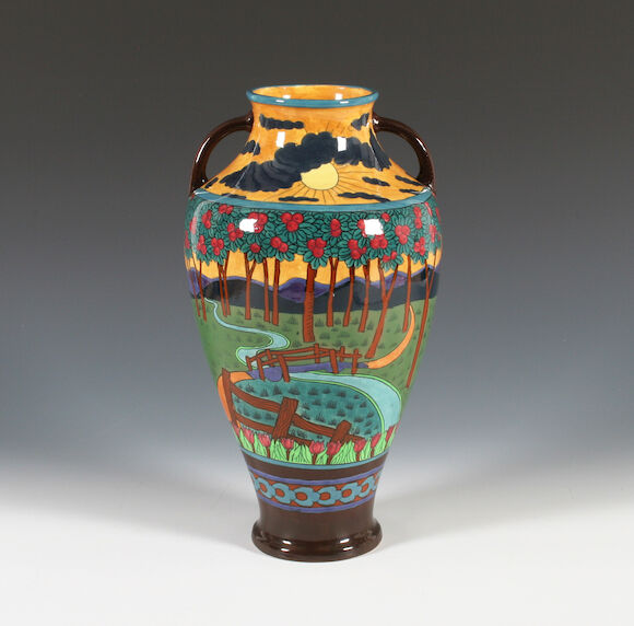 Bonhams : A Foley Intarsio ware twin handled vase