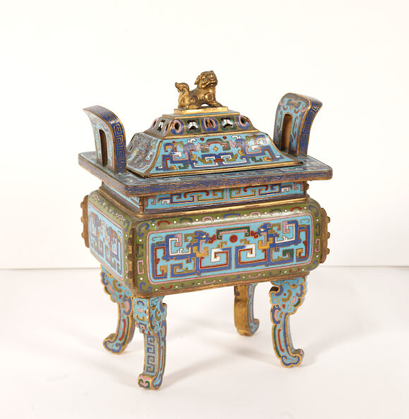 Bonhams : A Chinese cloisonne enamel rectangular twin handled censer ...
