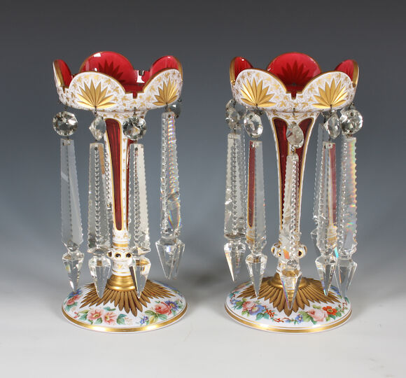 Bonhams : A pair of Bohemian overlaid ruby glass table lustres, circa 1900