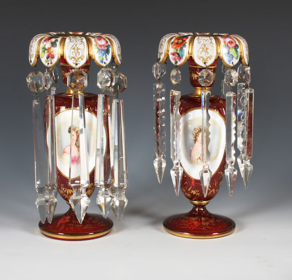 Bonhams : A pair of Bohemian overlaid ruby glass table lustres, circa 1900