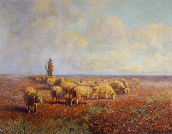 Bonhams : August Kaufhold (German, 1884-1955) A shepherd and his flock