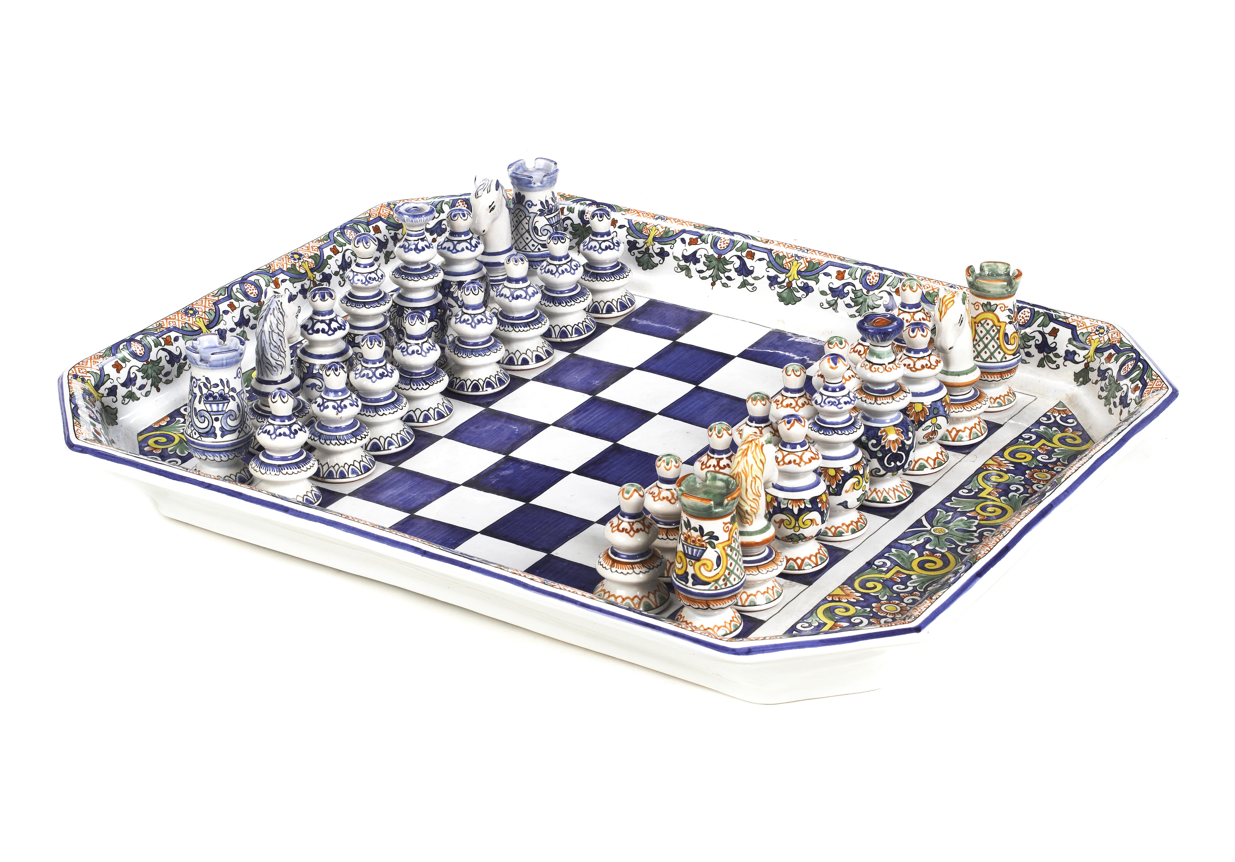 A French faience Rouen style chess board with pieces, Samson, Paris, 19th  C. - Rob Michiels Auctions