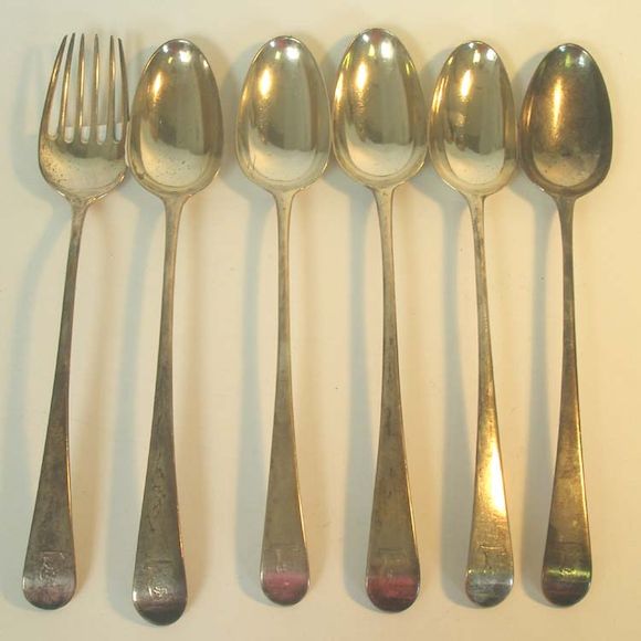 Bonhams Five III silver Old English pattern basting spoons, by