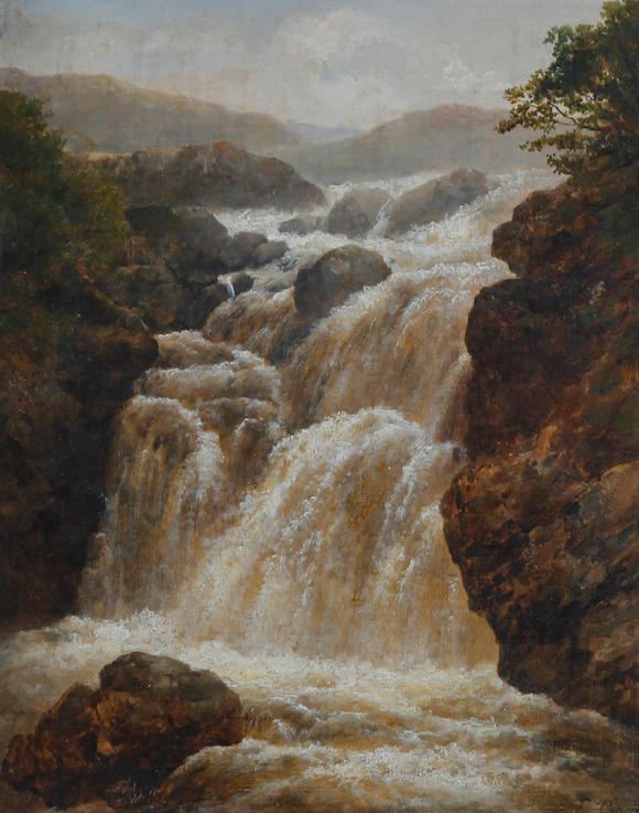 Bonhams : Edmund Gill (British, 1820-1894) A waterfall in spate