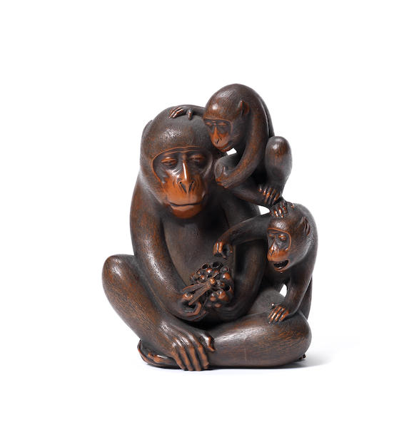 Bonhams : A wood okimono group of monkeys By Hokyudo Itsumin, mid to ...