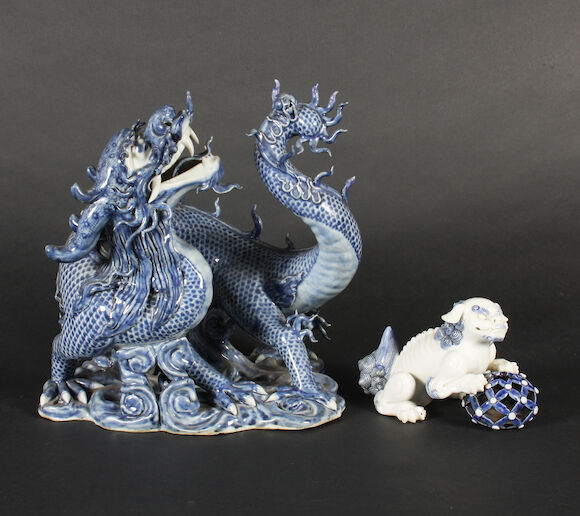 Bonhams : A Japanese Hirado model of a Karashishi and ball and a blue ...
