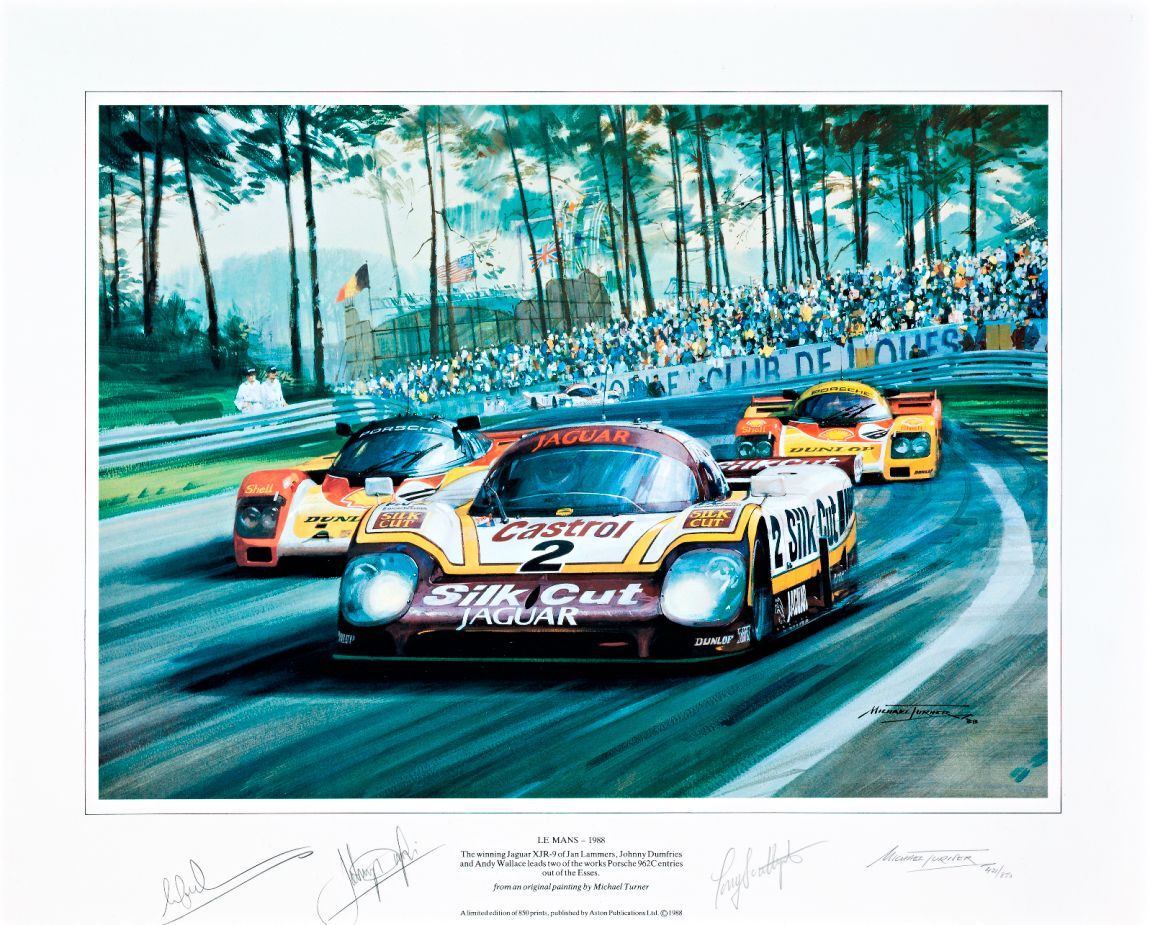 Bonhams Cars : A pair of Le Mans Jaguar prints by Michael Turner 52cm x ...
