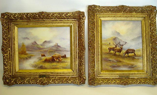 A pair of painted porcelain plaques, painted by Milwyn Holloway