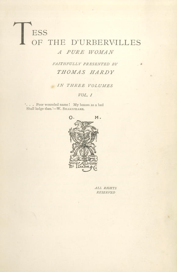 Bonhams Hardy Thomas Tess Of The Durbervilles A Pure Woman 3 Vol