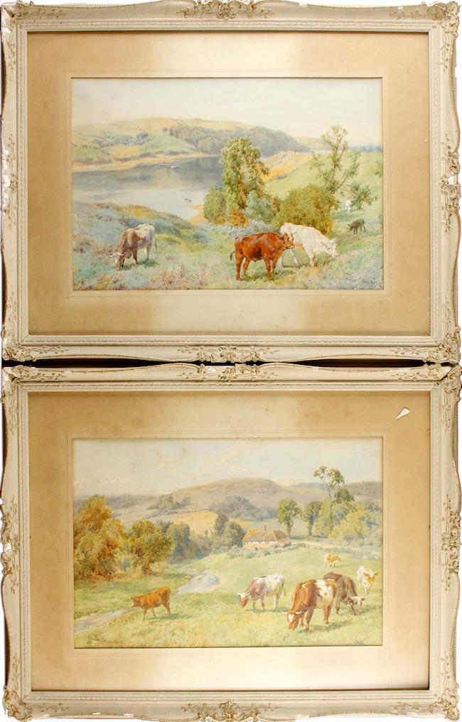 Charles Collins, RBA(British, 1851-1921)Cattle Grazing by an estuary; and Cattle Grazing in a field by a cottage (a pair)