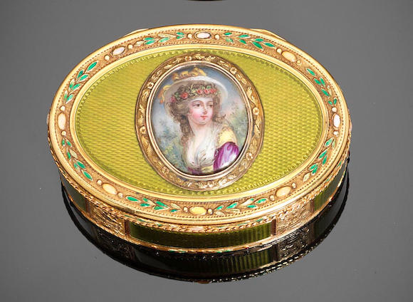 Bonhams : A late 18th century gold and enamelled oval snuff box ...