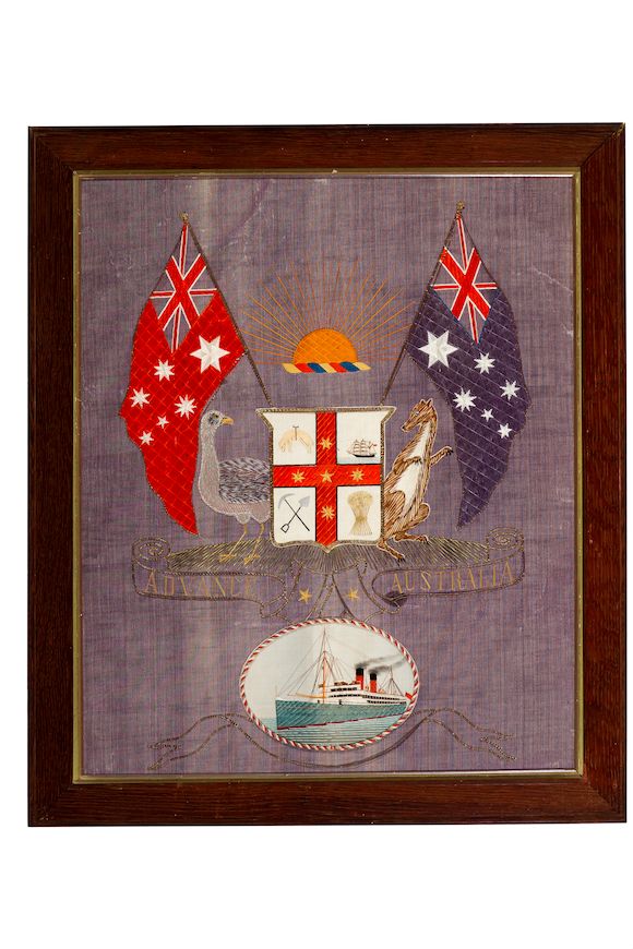Bonhams A Naive Australian needlework embroidery of 'Advance