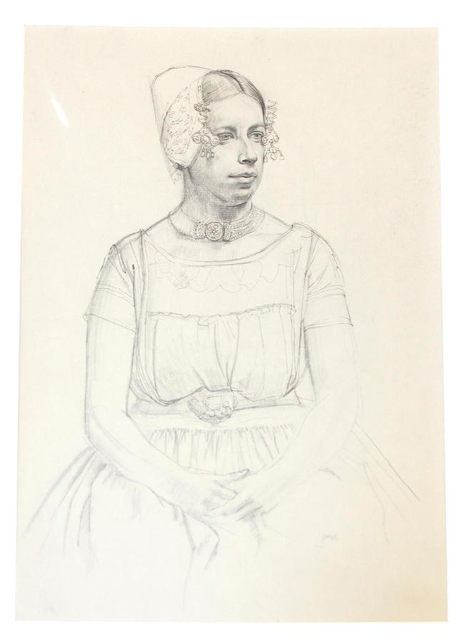 Follower of Sir Edward Coley Burne-Jones, Bt., ARA(British, 1833-1898)Portrait study of the head of a young woman, red chalk drawing, 37 x 29.5cm; together with three portrait studies by Robert Austin; another portrait study by H. Williamson; a study of a robin moth by Vere Lucy Temple; two other pencil studies of flowers and chickens; an aquatint engraving of two women by John Copley and a reproduction print after Frank Brangwyn, a lot.