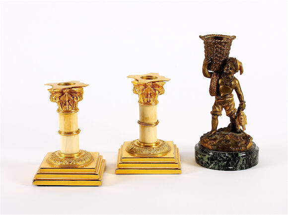 Bonhams : A late 19th century gilt bronze figural vesta and a pair of ...