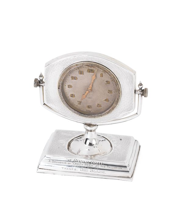 Bonhams Theatrical interest A silver desk clock, by Aaron Lufkin Dennison, Birmingham 1930,