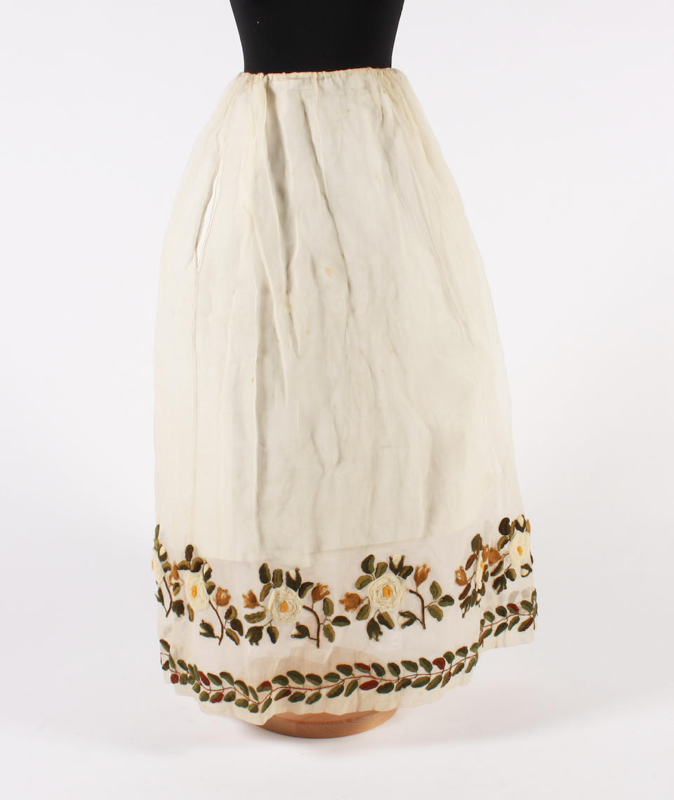 Bonhams : An 1840s olive green silk dress and a woolwork overskirt
