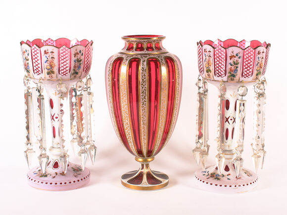 Bonhams : A pair of Bohemian overlaid ruby glass table lustres, and a ...