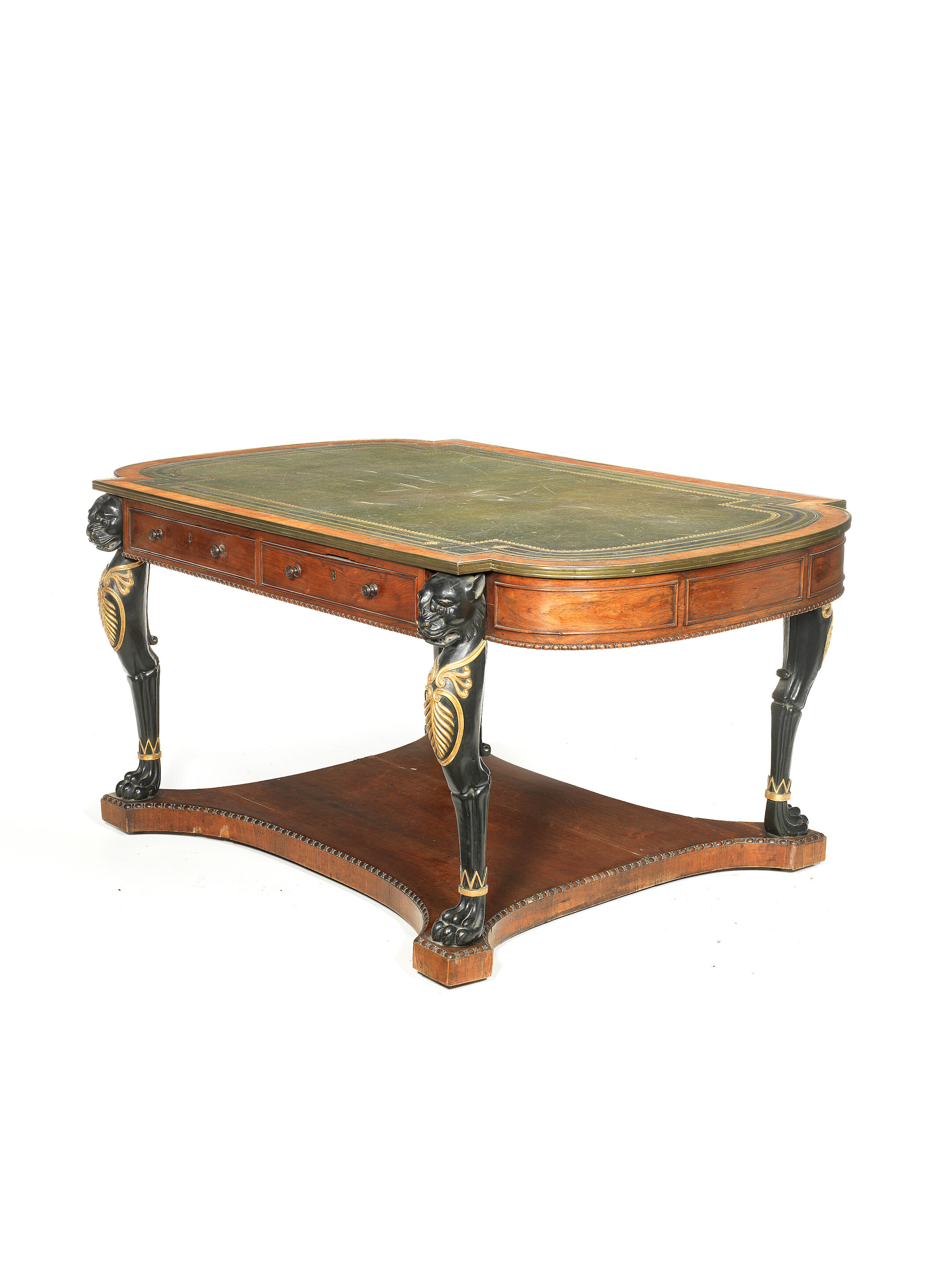 A Regency rosewood, ebonised and parcel-gilt library writing tab