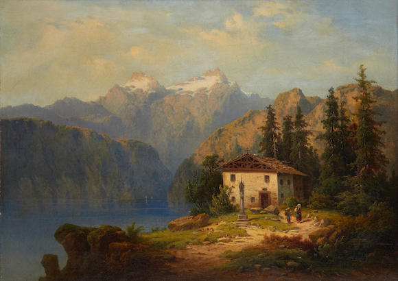 Bonhams : H. Baumgartner (German, 1868-1927) Alpine lake scene with ...