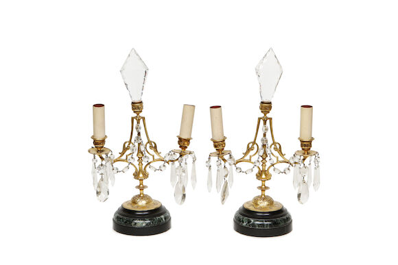 Bonhams : A pair of early 20th century gilt metal and cut glass candelabra